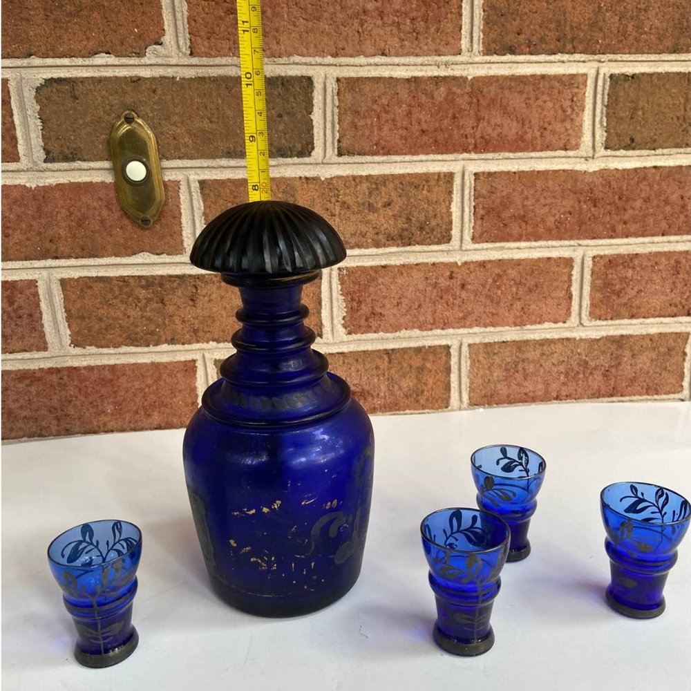 Blue Decanter w/4 Shot Glasses Cobalt Blue & Gold Overlay MCM Cordial Liquor Set